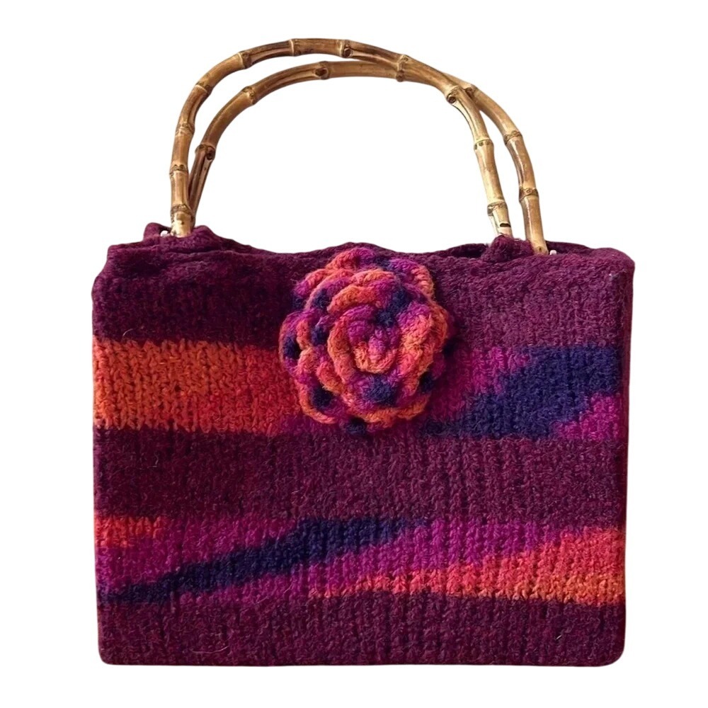 Hand knitted purse with bamboo handles boho purple pink orange flower both sides